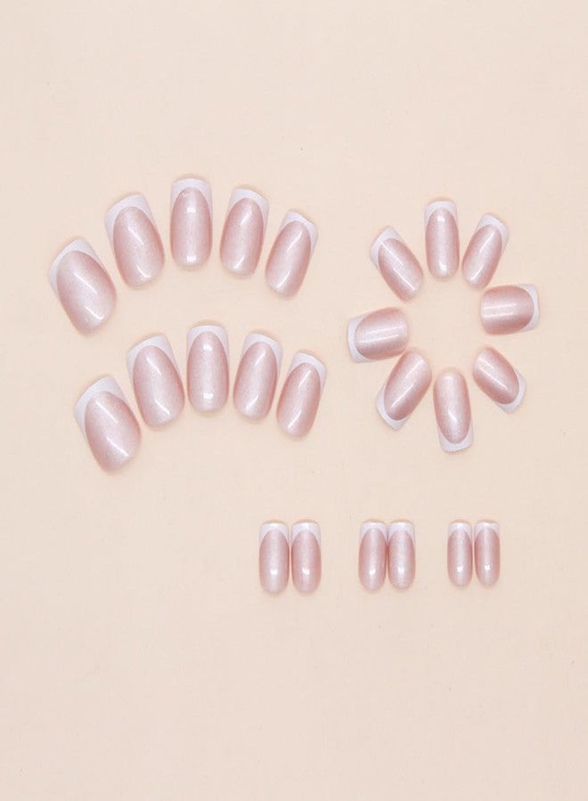 OSTTMA 24Pcs French Tip Press on Nails Short Square Fake Nails Pearl Shine False Nail Glossy Glitter Acrylic Nail Full Cover Glue Stick on Nails French Tips Artificial Fingernails for Women - Image 4